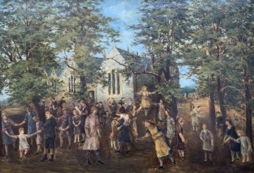 fig 1. An Edwardian oil painting depicting figures gathered outside a stone church under mature trees, housed within a wide carved gilt frame.