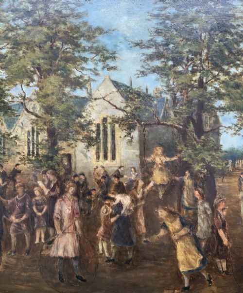 fig 4. An Edwardian oil painting depicting figures gathered outside a stone church under mature trees, housed within a wide carved gilt frame.