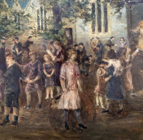 fig 7. An Edwardian oil painting depicting figures gathered outside a stone church under mature trees, housed within a wide carved gilt frame.