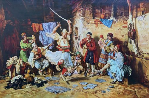 fig 1. A large mid-century framed oil painting depicting figures in traditional attire watching a man perform a sword dance inside a rustic interior.