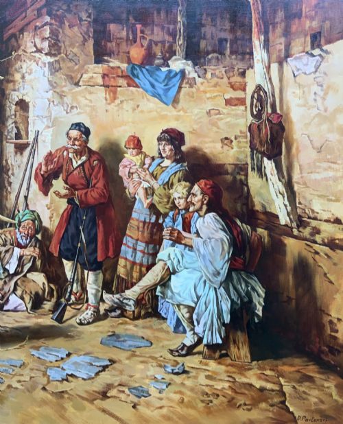 fig 2. A large mid-century framed oil painting depicting figures in traditional attire watching a man perform a sword dance inside a rustic interior.