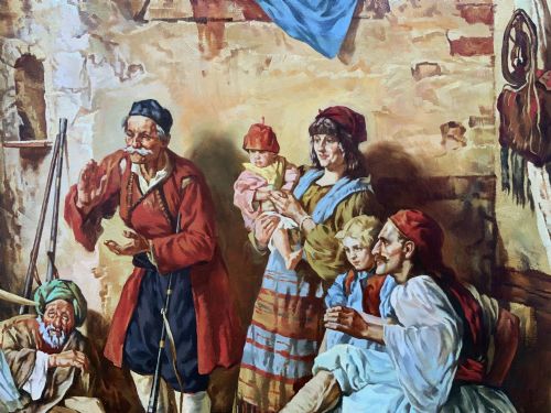 fig 8. A large mid-century framed oil painting depicting figures in traditional attire watching a man perform a sword dance inside a rustic interior.