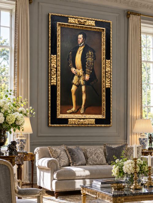fig 1. A full-length oil painting depicting Philip II of Spain in Renaissance attire, housed inside an ebonised frame with gilt mouldings.