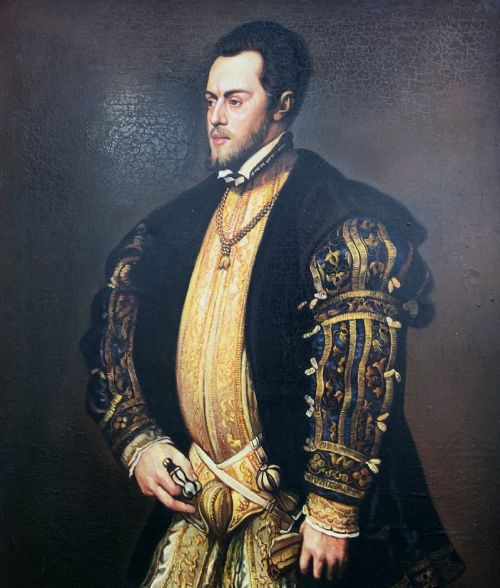fig 5. A full-length oil painting depicting Philip II of Spain in Renaissance attire, housed inside an ebonised frame with gilt mouldings.