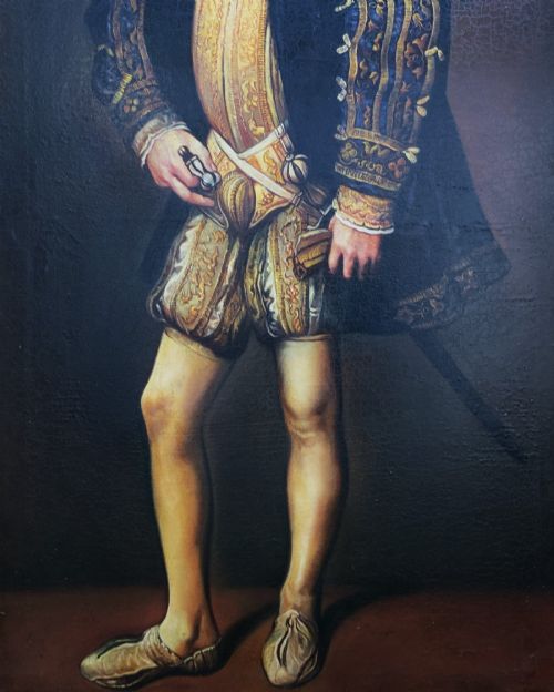 fig 6. A full-length oil painting depicting Philip II of Spain in Renaissance attire, housed inside an ebonised frame with gilt mouldings.