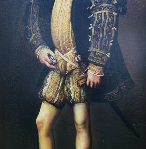 fig 7. A full-length oil painting depicting Philip II of Spain in Renaissance attire, housed inside an ebonised frame with gilt mouldings.