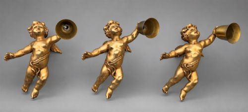 Trio of Gilt Metal Ormolu Style Winged Cherub Putti Wall Lights – Rococo Revival
