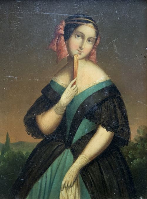 fig 1. A framed 19th-century miniature oil painting depicting a seated woman in a teal dress and dark shawl holding a fan.