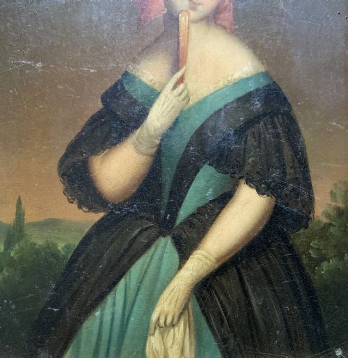 fig 3. A framed 19th-century miniature oil painting depicting a seated woman in a teal dress and dark shawl holding a fan.