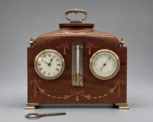 Superb Edwardian Mahogany Marquetry Inlaid Clock, Barometer & Thermometer C.1905