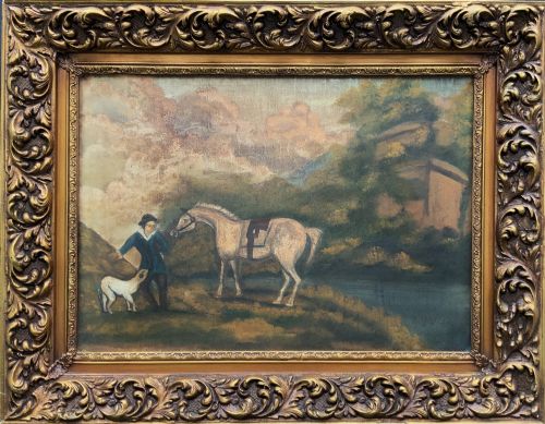 Large Vintage Naïve Equestrian Oil Painting – Horse & Groom – Ornate Gilt Frame