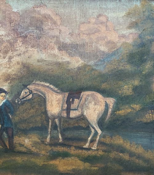 fig 5. A naive equestrian oil painting depicting a grey horse, a handler in a blue jacket, and a dog beside a river, enclosed in a deeply carved gold gilt frame.