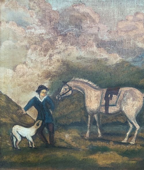 fig 6. A naive equestrian oil painting depicting a grey horse, a handler in a blue jacket, and a dog beside a river, enclosed in a deeply carved gold gilt frame.