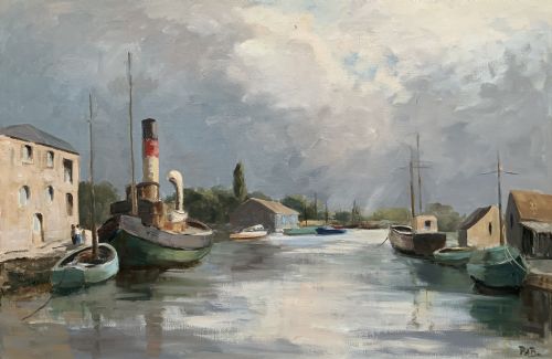 fig 1. A framed horizontal oil painting depicting a calm harbour scene with steam tugboats, moored vessels, stone buildings, and a cloudy grey sky.