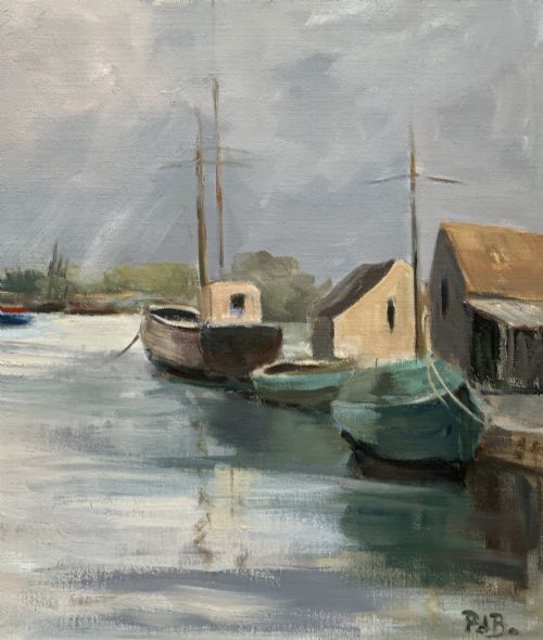 fig 5. A framed horizontal oil painting depicting a calm harbour scene with steam tugboats, moored vessels, stone buildings, and a cloudy grey sky.