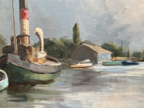 fig 7. A framed horizontal oil painting depicting a calm harbour scene with steam tugboats, moored vessels, stone buildings, and a cloudy grey sky.