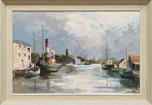Original Vintage Maritime Harbour Oil Painting by British Artist Peggy De Brett