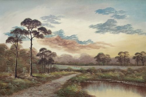 fig 1. A twentieth-century framed oil painting depicting a countryside path alongside a reflective pond, surrounded by tall trees and distant hills under a clouded sky.