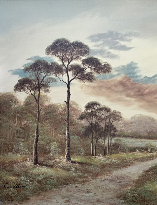 fig 3. A twentieth-century framed oil painting depicting a countryside path alongside a reflective pond, surrounded by tall trees and distant hills under a clouded sky.