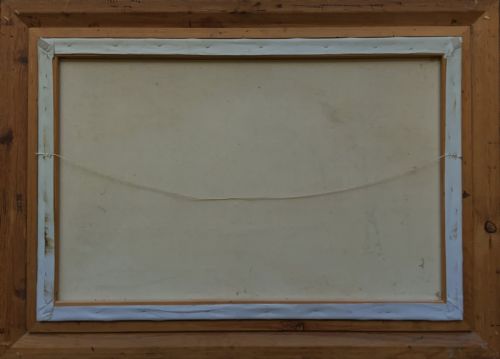 fig 9. A twentieth-century framed oil painting depicting a countryside path alongside a reflective pond, surrounded by tall trees and distant hills under a clouded sky.
