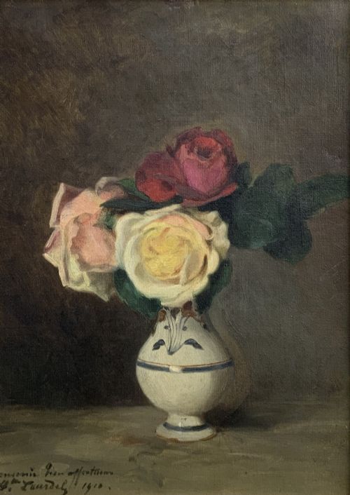 fig 1. An early 20th-century French Impressionist oil painting depicting pink and yellow roses in a ceramic vase, housed within a moulded gold-gilded frame.