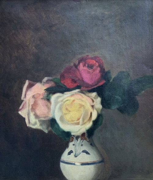 fig 2. An early 20th-century French Impressionist oil painting depicting pink and yellow roses in a ceramic vase, housed within a moulded gold-gilded frame.