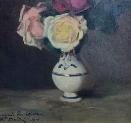fig 3. An early 20th-century French Impressionist oil painting depicting pink and yellow roses in a ceramic vase, housed within a moulded gold-gilded frame.