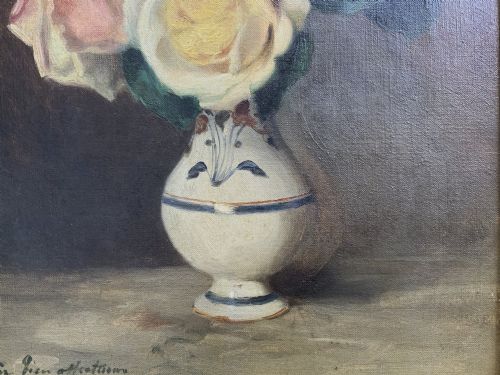 fig 6. An early 20th-century French Impressionist oil painting depicting pink and yellow roses in a ceramic vase, housed within a moulded gold-gilded frame.