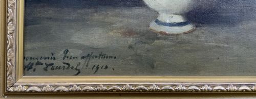 fig 7. An early 20th-century French Impressionist oil painting depicting pink and yellow roses in a ceramic vase, housed within a moulded gold-gilded frame.