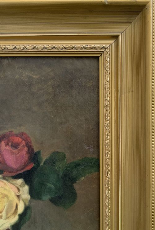 fig 8. An early 20th-century French Impressionist oil painting depicting pink and yellow roses in a ceramic vase, housed within a moulded gold-gilded frame.