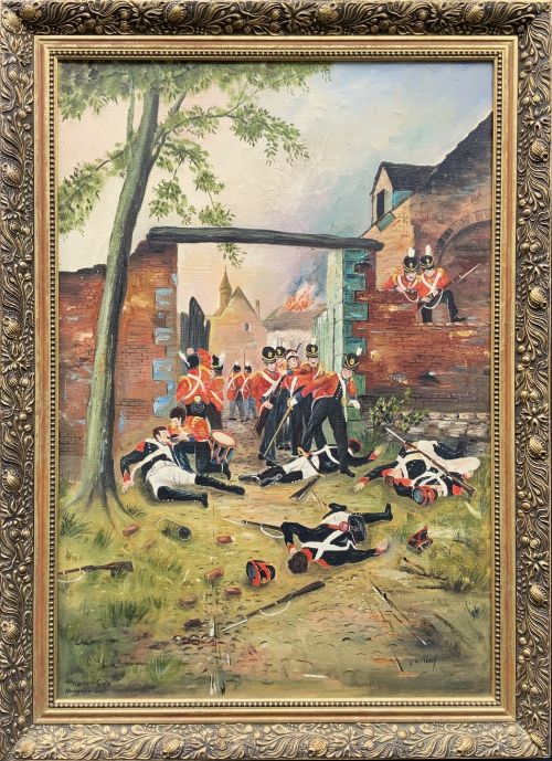 Large Battle of Waterloo 1815 Hougoumont Military Oil Painting – Signed