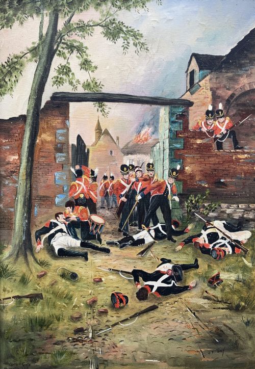 fig 1. A framed oil painting depicting soldiers in red coats defending the North Gate of Hougoumont during the Battle of Waterloo.