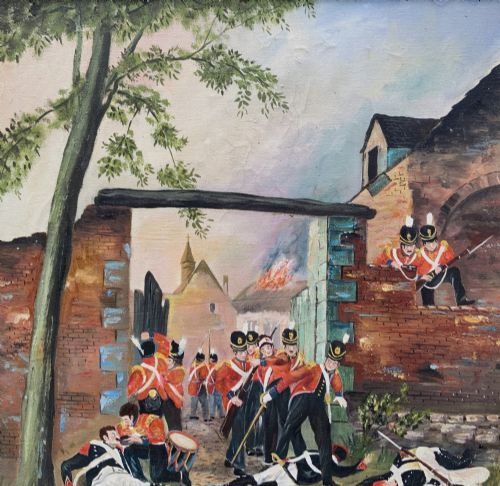 fig 2. A framed oil painting depicting soldiers in red coats defending the North Gate of Hougoumont during the Battle of Waterloo.