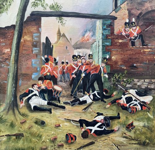 fig 3. A framed oil painting depicting soldiers in red coats defending the North Gate of Hougoumont during the Battle of Waterloo.