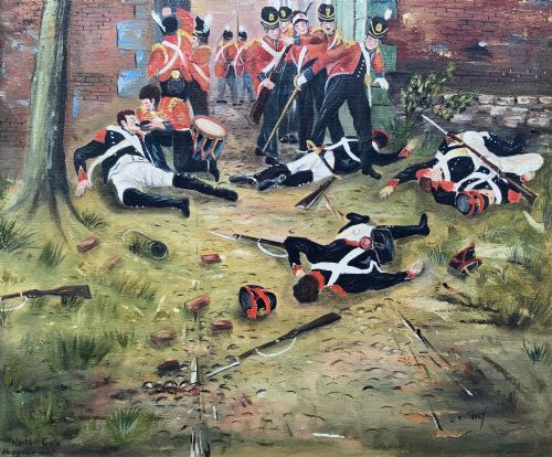 fig 4. A framed oil painting depicting soldiers in red coats defending the North Gate of Hougoumont during the Battle of Waterloo.