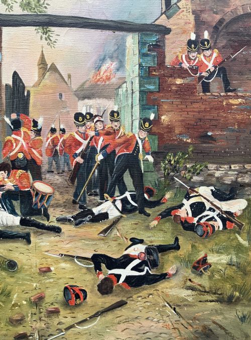 fig 6. A framed oil painting depicting soldiers in red coats defending the North Gate of Hougoumont during the Battle of Waterloo.