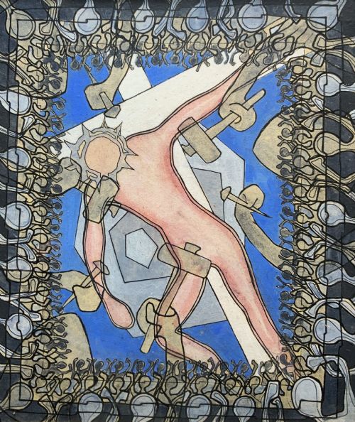 fig 1. An abstract mid-century modernist painting depicting the crucifixion of Christ in pink and blue tones, enclosed within a carved gilt wood frame.