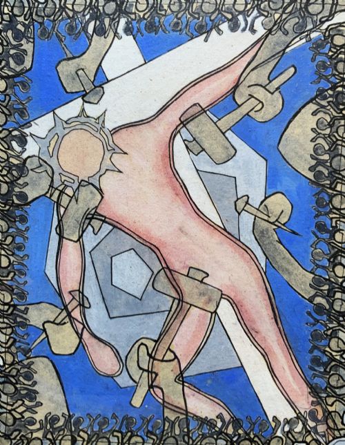 fig 2. An abstract mid-century modernist painting depicting the crucifixion of Christ in pink and blue tones, enclosed within a carved gilt wood frame.