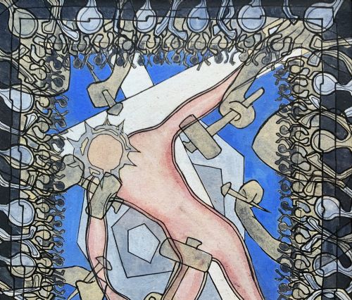 fig 3. An abstract mid-century modernist painting depicting the crucifixion of Christ in pink and blue tones, enclosed within a carved gilt wood frame.