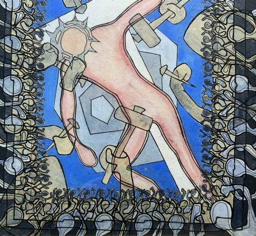 fig 4. An abstract mid-century modernist painting depicting the crucifixion of Christ in pink and blue tones, enclosed within a carved gilt wood frame.