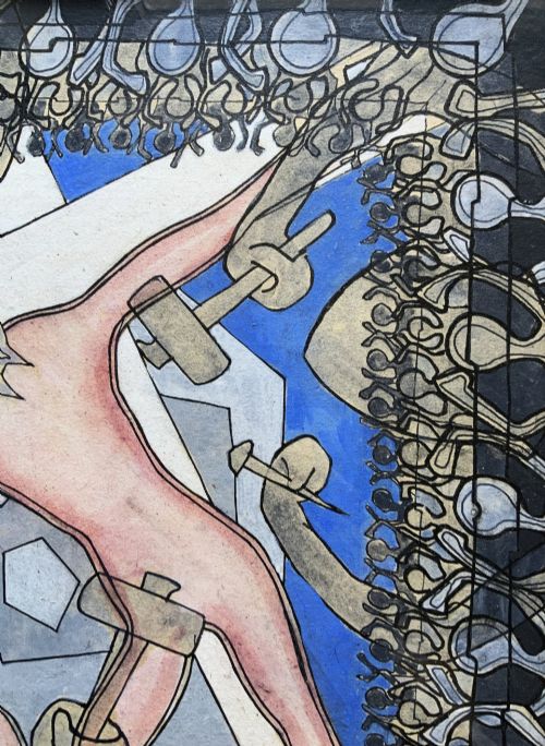 fig 5. An abstract mid-century modernist painting depicting the crucifixion of Christ in pink and blue tones, enclosed within a carved gilt wood frame.