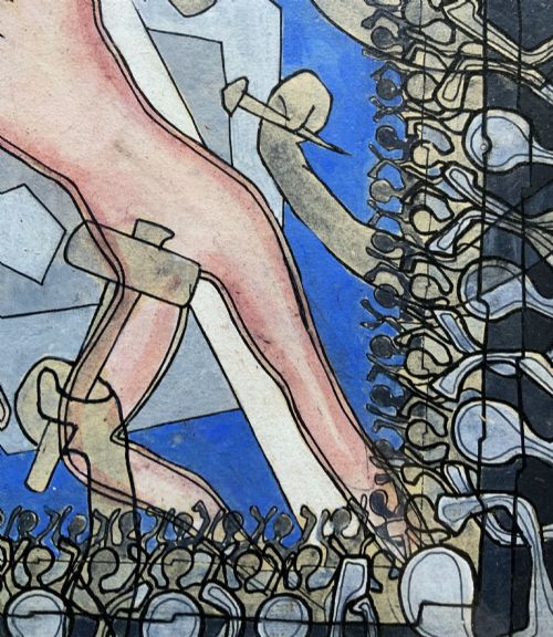 fig 6. An abstract mid-century modernist painting depicting the crucifixion of Christ in pink and blue tones, enclosed within a carved gilt wood frame.