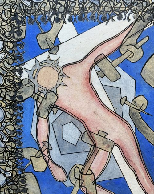 fig 7. An abstract mid-century modernist painting depicting the crucifixion of Christ in pink and blue tones, enclosed within a carved gilt wood frame.