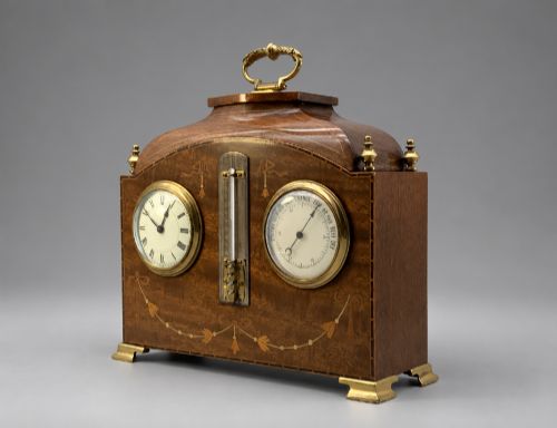 Superb Edwardian Mahogany Marquetry Inlaid Clock, Barometer & Thermometer C.1905