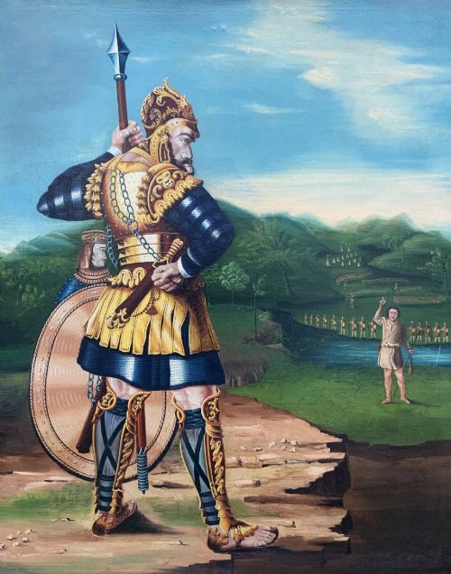 fig 1. An antique framed oil painting depicting the biblical scene of David and Goliath set against a green mountainous landscape.