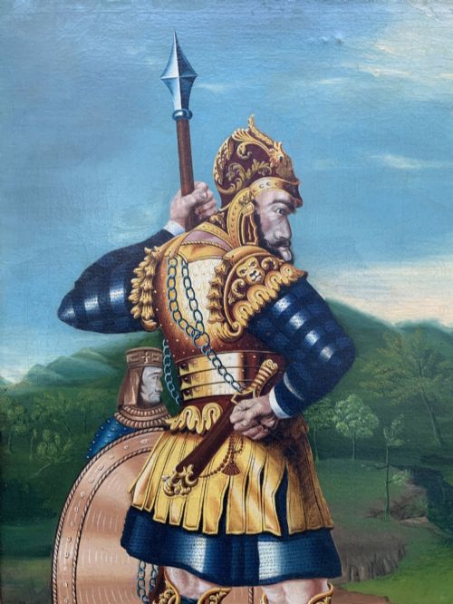 fig 2. An antique framed oil painting depicting the biblical scene of David and Goliath set against a green mountainous landscape.