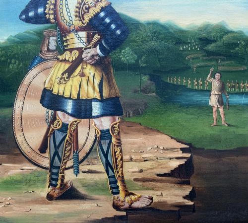 fig 4. An antique framed oil painting depicting the biblical scene of David and Goliath set against a green mountainous landscape.