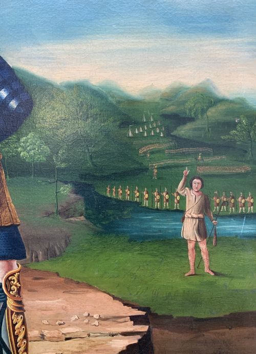 fig 5. An antique framed oil painting depicting the biblical scene of David and Goliath set against a green mountainous landscape.
