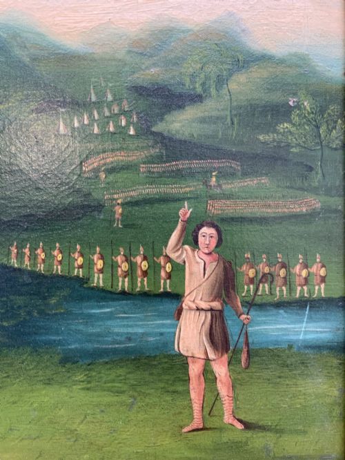 fig 6. An antique framed oil painting depicting the biblical scene of David and Goliath set against a green mountainous landscape.