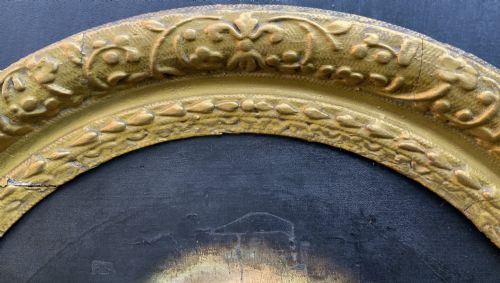 fig 8. An oval 17th-century oil painting depicting a gentleman with grey hair, a moustache, and white falling bands collar in a carved gold frame.